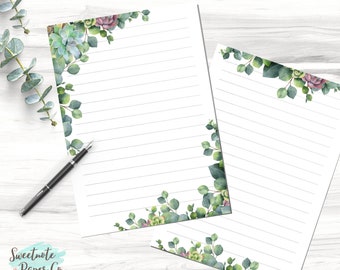 Printable Succulent Note Page, Succulent Notebook Page, Watercolor Succulent, Printable Line Unlined Note Paper, Succulent Printable