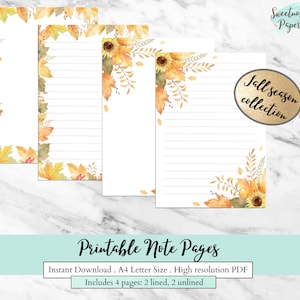Printable Fall Season Note Page, Fall Autumn Notebook Page, Watercolor Fall Leaves, Printable Line Unlined Note Paper, Fall Printable image 2