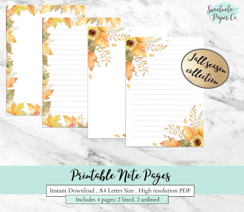 Printable Fall Season Note Page, Fall Autumn Notebook Page, Watercolor Fall Leaves, Printable Line Unlined Note Paper, Fall Printable image 2