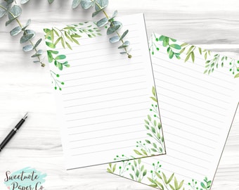 Printable Greenery Note Page, Greenery Note Page, Digital Lined Unlined Paper, Printable Green Leaves Notebook Note Page