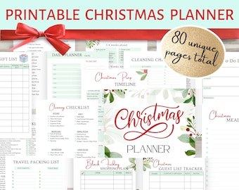 May include: Printable Christmas planner with 80 pages, featuring a watercolor design with green leaves and red berries. The planner includes sections for gift lists, daily planning, cleaning checklists, travel packing lists, meal planning, and guest list tracking. The planner also includes a Black Friday shopping plan.