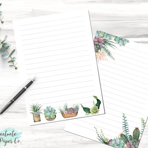 May include: Two sheets of lined stationery paper with a succulent plant border. The top sheet has a corner border of succulents in pots. The bottom sheet has a bottom border of succulents in pots and a cactus.