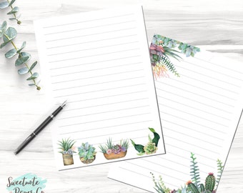Printable Succulent Note Page, Succulent Notebook Page, Watercolor Succulent, Printable Line Unlined Note Paper, Writing Paper