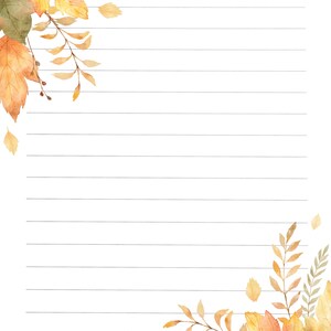 May include: A lined notebook with a watercolor illustration of sunflowers, leaves, and branches in shades of yellow, orange, and green. The illustration is on the top left and bottom right corners of the page.