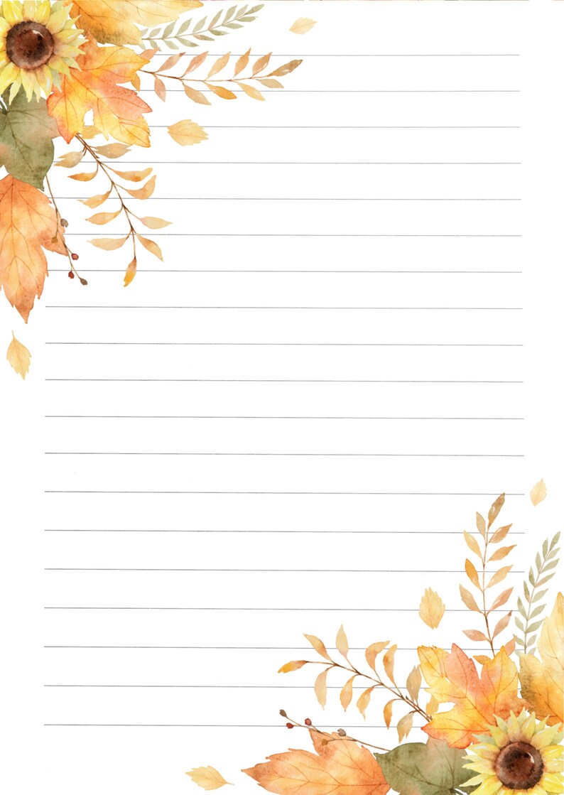 May include: A lined notebook with a watercolor illustration of sunflowers, leaves, and branches in shades of yellow, orange, and green. The illustration is on the top left and bottom right corners of the page.