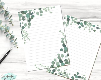 Printable Lined Unlined Note Page, Eucalyptus Note Page, Digital Paper, Digital Note Page, Printable Green Leaf Notebook Note Page