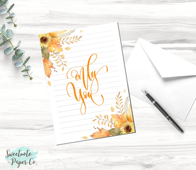 May include: A white card with lined paper and a fall-themed border of sunflowers, leaves, and branches. The text "Only You" is written in orange cursive.