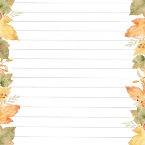 May include: A lined sheet of paper with a border of watercolor autumn leaves in shades of yellow, orange, and green. The leaves are arranged around the edges of the paper, creating a frame for the writing space.