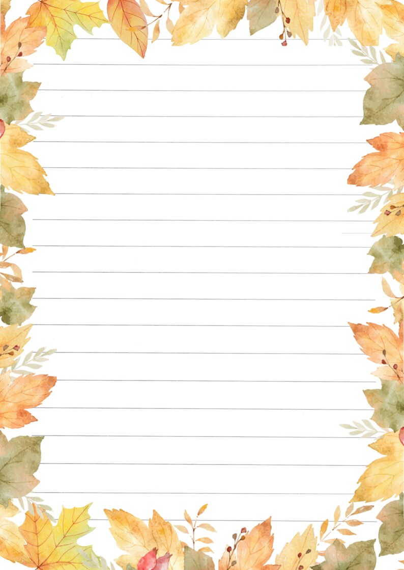 May include: A lined sheet of paper with a border of watercolor autumn leaves in shades of yellow, orange, and green. The leaves are arranged around the edges of the paper, creating a frame for the writing space.