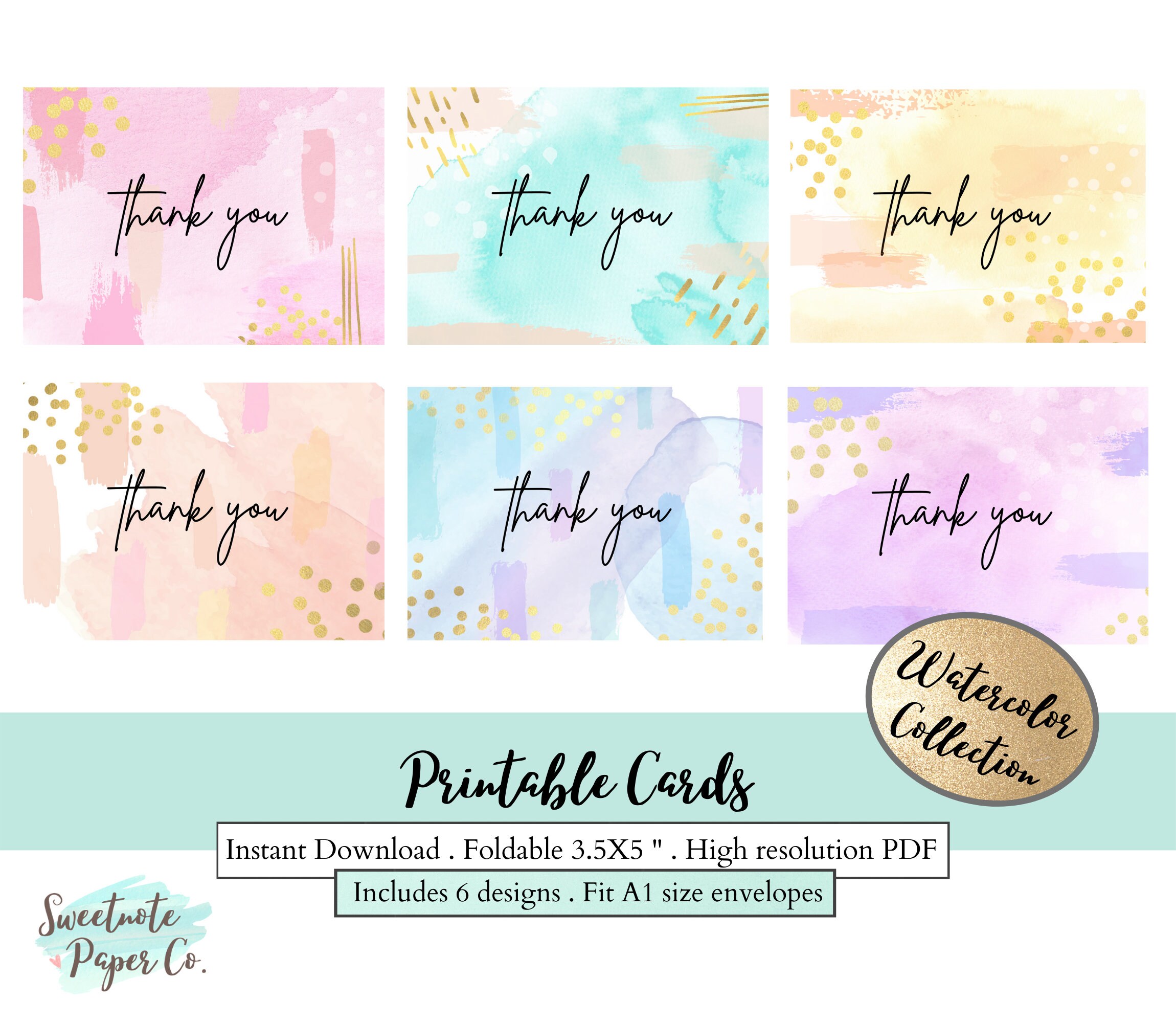 Printable Thank You Cards, Set of 6, Instant Download, Watercolor Print ...