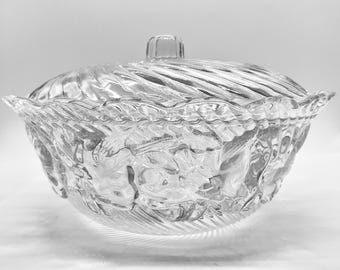 Vintage KIG Malaysia Pressed Glass Candy Dish: Swirl Lid, Floral Design
