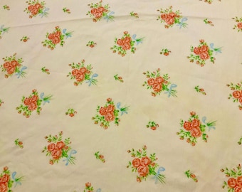 Vintage Twin Fitted Sheet, Montgomery Wards Floral Orange Blue Ribbon