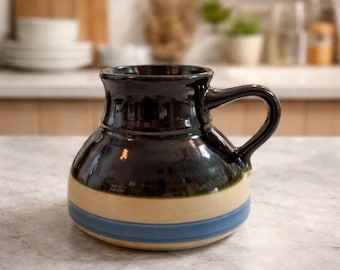Vintage Travel Mug, Black with Tan and Blue Stripe