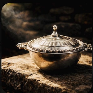 May include: A silver serving bowl with a lid, featuring ornate handles and a decorative beaded edge. The bowl is set on a stone surface, with a dark background. The lid has a small, decorative handle.