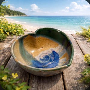 May include: Handmade ceramic bowl with a unique heart-shaped design. The bowl features a blend of colors, including green, tan, and blue, with a blue swirl pattern in the center. The bowl is placed on a wooden surface with a beach scene in the background.