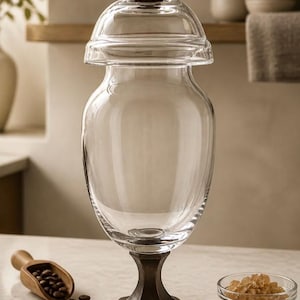 May include: A clear glass apothecary jar with a rounded lid topped by a dark wooden sphere. The jar features a wide body and sits on a dark, metallic, hexagonal pedestal base. The design is tall and symmetrical, providing a transparent storage vessel.