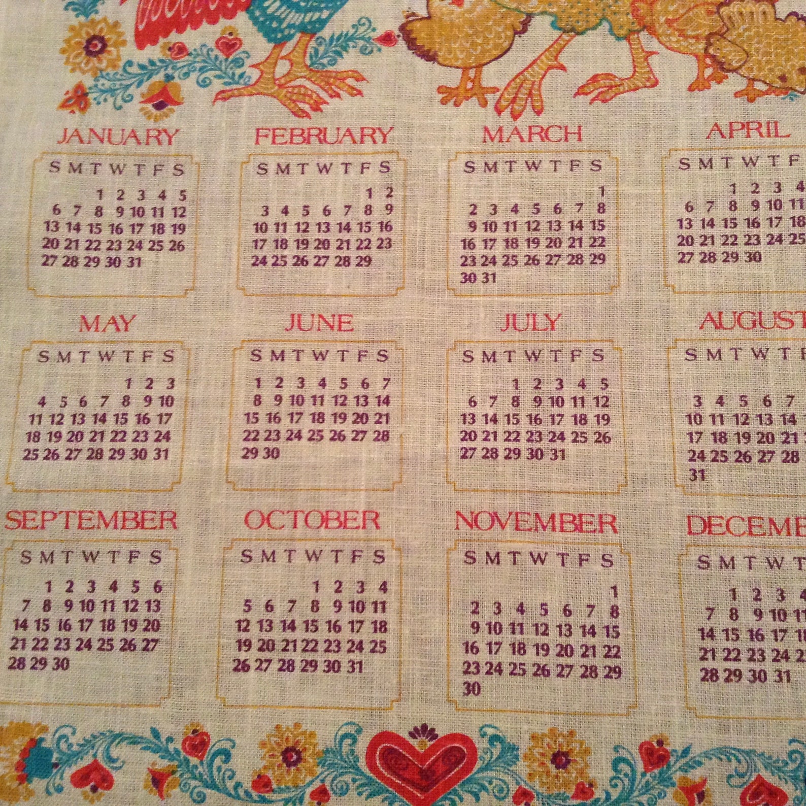 Vintage cloth calendar 1980 cloth wall calendar rooster and Etsy