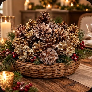 May include: A round woven basket filled with a collection of glittery gold and brown pinecones, accented with green pine needles and small red berries. The arrangement creates a dense, textured centerpiece with metallic and natural tones.