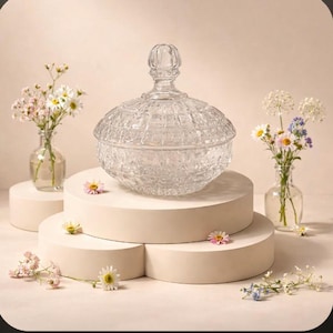 May include: A clear, cut-glass candy dish with a lid, displayed on a tiered, beige platform. Small glass vases hold delicate flowers, including daisies and baby's breath. The scene is softly lit, creating a serene aesthetic.