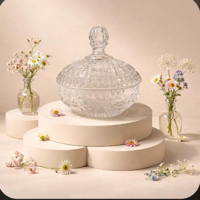 May include: A clear, cut-glass candy dish with a lid, displayed on a tiered, beige platform. Small glass vases hold delicate flowers, including daisies and baby's breath. The scene is softly lit, creating a serene aesthetic.