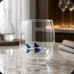 May include: A clear, stemless glass tumbler featuring a small, three-dimensional blue and white glass shark figurine suspended inside the base. The shark is detailed with a blue dorsal fin, tail, and pectoral fins, with a white body section.