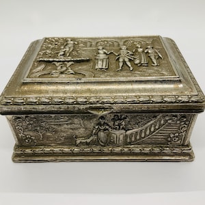 French, Metal Jewelry or Trinket Box/Repousse&#39; Design/Street Scene with Figures