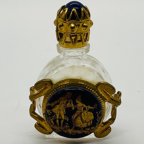 Vintage, Miniature Perfume Bottle/ Navy cabochon/ Courting Scene/ Gold Wrap/ Crown Top
