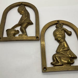 Vintage Brass Bathroom Door Signs/Girl and Boy Using the Toilet/Solid Brass/Unique