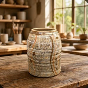 May include: A cylindrical ceramic vase with a textured, ribbed surface featuring a mottled glaze in shades of beige, brown, and gray. The vase is decorated with vertical, wavy orange-brown stripes and a series of small, dark brown circular spots.