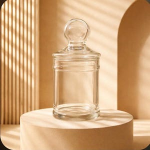 May include: A clear glass jar with a lid and a round knob on top. The jar is cylindrical with a slightly wider base and is sitting on a beige pedestal. The background has a warm, neutral color palette.