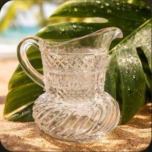 May include: A clear glass pitcher with a handle, filled with liquid. The pitcher has a decorative diamond pattern on the upper portion and a swirled design on the base. The background includes large green leaves and sand.
