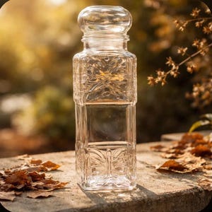 May include: A clear, rectangular glass jar with a decorative stopper. The jar features embossed floral patterns and is filled with a clear liquid. The jar is sitting on a stone surface with fallen leaves, with a blurred background of foliage.