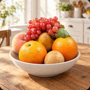 May include: A white ceramic bowl filled with a variety of fresh fruit, including a large cluster of red grapes, two bright orange oranges, a fuzzy peach, a brown pear, and a small round tan fruit with a smooth, textured skin.