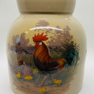Stoneware Crock/Casey&#39;s Pottery/Marshall Texas/Lidded Crock with Barnyard Design