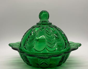 Emerald Green EAPG Butter Dish/Herringbone Pattern/Early 1900&#39;s Glass Dish