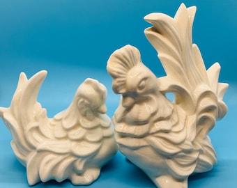 Vintage Ceramic Hen and Rooster Set: White Glaze Farmhouse Decor