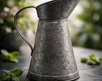 May include: A galvanized metal pitcher with a curved handle and a spout. The pitcher has a textured surface with embossed floral patterns. The background is blurred, with green foliage and a dark surface.