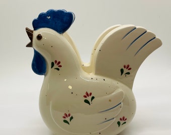 Vintage Chicken Napkin Holder/ Otigiri Chicken/ White with Blue Comb and Gobbler/ Small Pink Posies/ Vintage Pottery