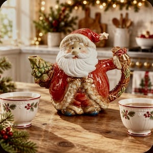 May include: A ceramic teapot shaped like Santa Claus wearing a red suit with white trim. The spout is designed as a green pine tree, and the handle is a wreath with red berries and a gold bell. Two white teacups with holly patterns sit nearby.
