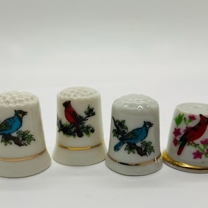 Decorative Thimbles/Two Cardinals and Two Blue Jays/Porcelain/Vintage Thimbles