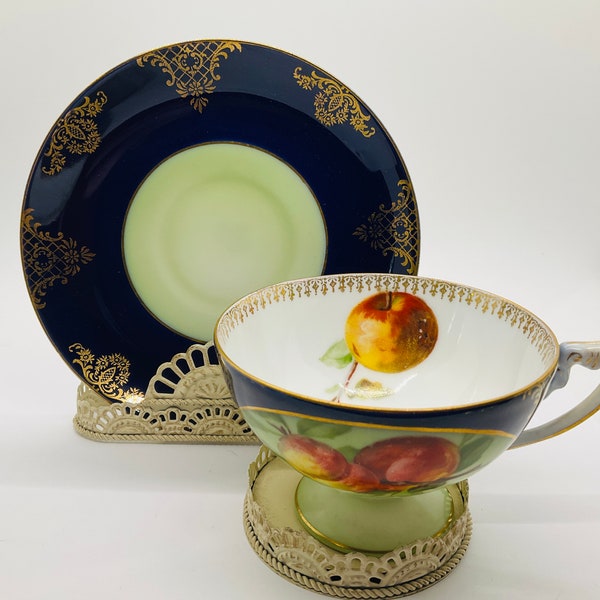 Vintage Teacup and Saucer/ Rosenthal Bavaria/ Navy/ Pale Green/ Peaches Image/ Gold Accents/ Vintage Teacup Set