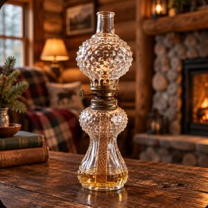 May include: A clear glass oil lamp featuring a double-bulb design with a textured hobnail pattern. The lamp includes a brass-toned metal burner assembly with a circular adjustment knob and a visible internal wick submerged in oil.