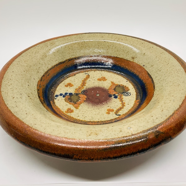 Cuenco de cerámica vintage Tonalá, México, colores óxido, azul y verde, diseño de hojas