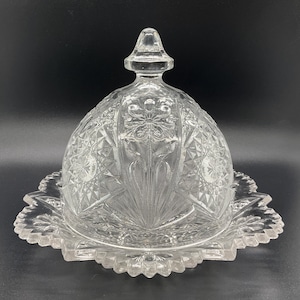 Vintage Glass Butter Dish/Imperial Glass/Clear Dome Butter Dish with Finial Top and The Cosmos Pattern