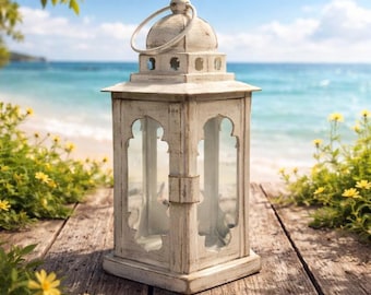 Candle Lantern, Distressed White with Glass Windows