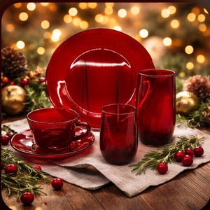 May include: A festive table setting featuring red glassware and dinnerware. The set includes a large plate, a teacup with saucer, two drinking glasses, and a tall tumbler. Decorative sprigs of rosemary and red berries add a holiday touch.