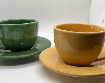 Pottery Barn Mug with Saucer, Sausalito Pattern in Green and Amber