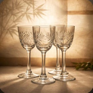 May include: Four clear crystal wine glasses with etched leaf designs. The glasses have long stems and round bases. The background is a soft, neutral color with a leaf pattern shadow.