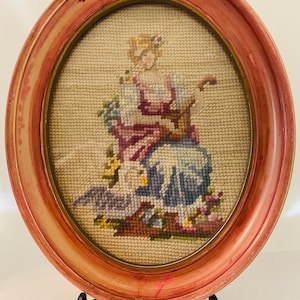 Vintage Needlepoint Art in a Frame/1933 Needlepoint/Woman with Mandolin/ Framed Art