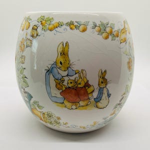 May include: A white ceramic vase with a charming illustration of Peter Rabbit and his family. The vase features a rounded shape and is adorned with a floral and fruit border. The artwork depicts the characters in their classic attire.